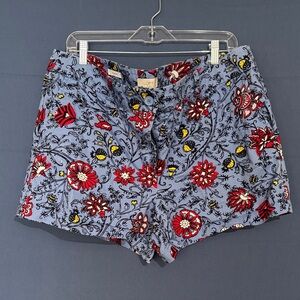 LOFT Blue Floral High-Waist Shorts with Red & Yellow Accents